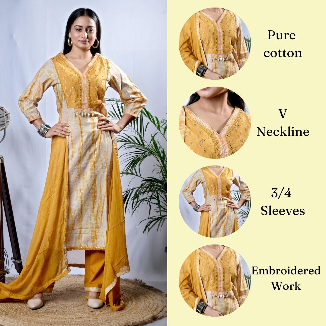 Ekisha's women printed mustard designer cotton kurta and pant set with dupatta, infographic