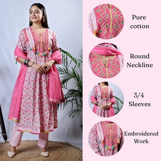 pink cotton kurta set with dupatta, infographic
