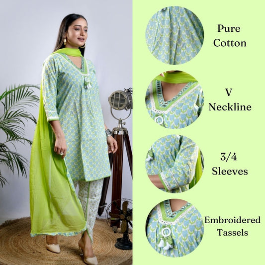 ekisha cotton kurta set with dhoti pant and dupatta, inforgraphic