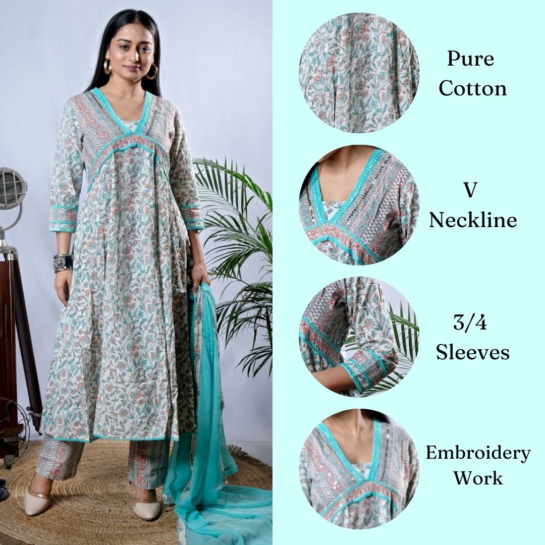 Ekisha's women printed cgreen embroidered cotton kurta and pant set with dupatta,infographic