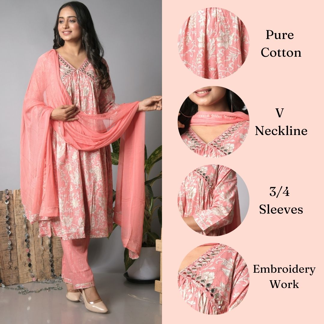Ekisha's women printed pink designer cotton kurta and pant set with dupatta, infographic