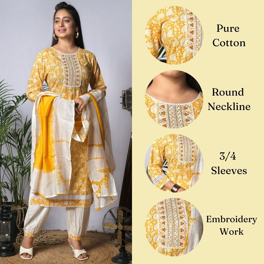 Ekisha's women printed yellow designer cotton kurta and pant set with dupatta, infographic