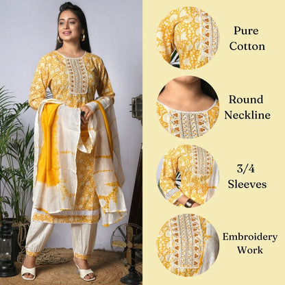 Ekisha's women printed yellow designer cotton kurta and pant set with dupatta, infographic