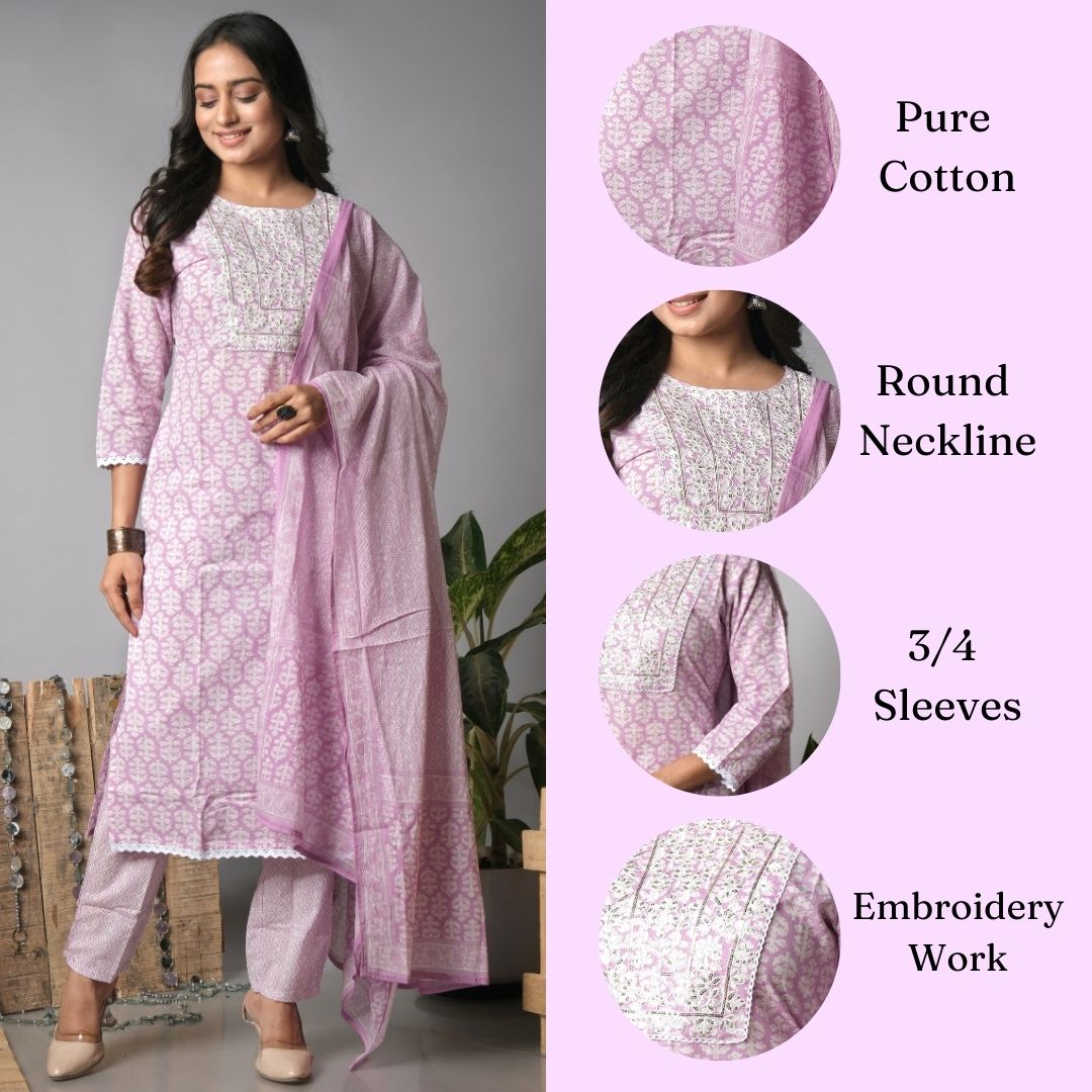 ekisha purple cotton kurta set with dupatta, infographic