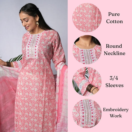 Ekisha's women printed pink designer cotton kurta and pant set with dupatta, infographic