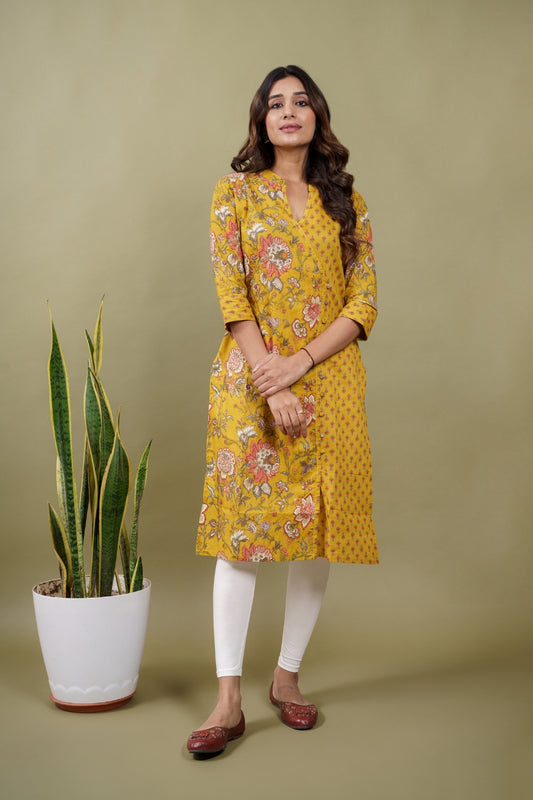 Ekisha women's cotton yellow floral printed angrakha kurta kurti, front view