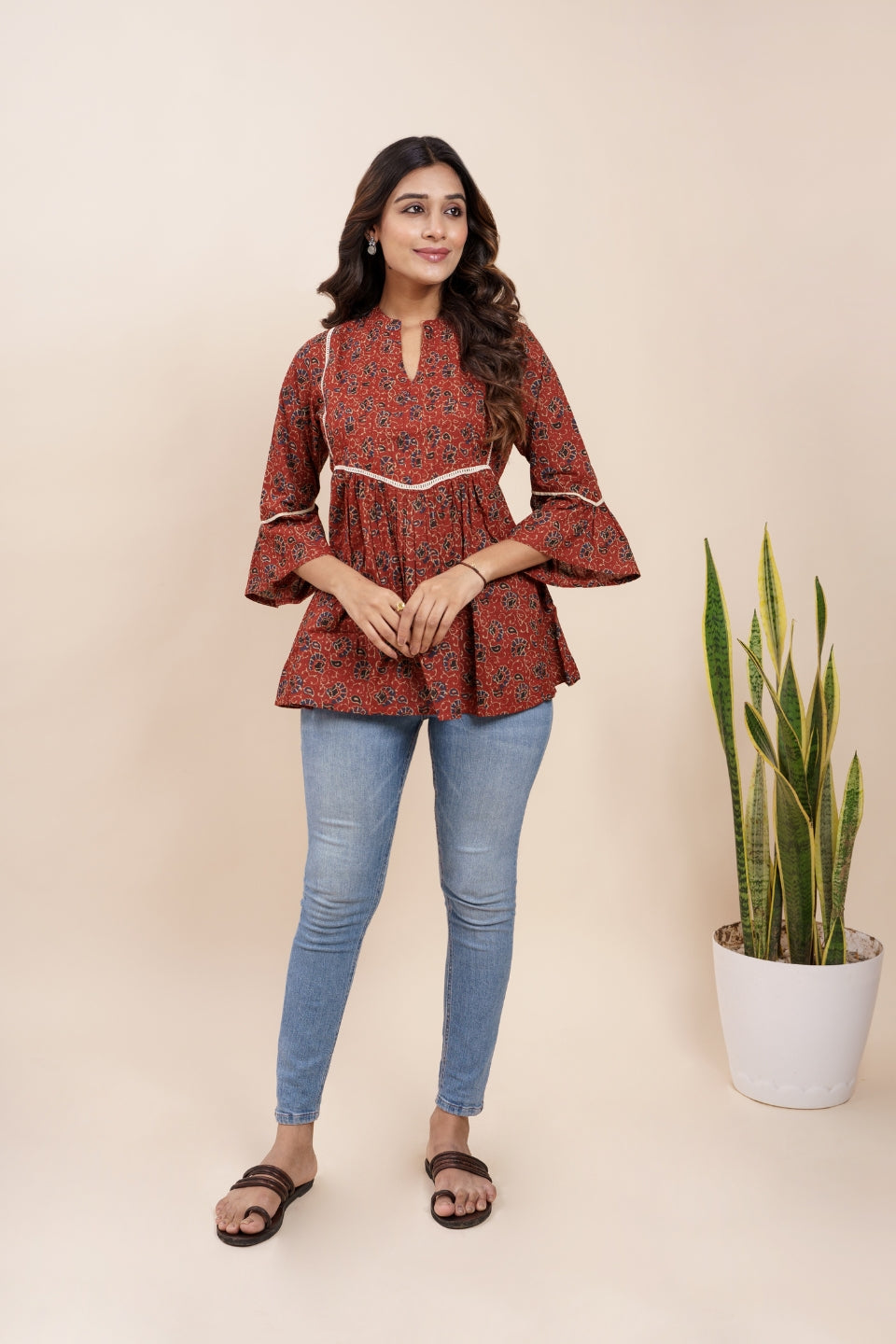 Ekisha's women maroon designer kalamkari floral printed cotton tunic top short kurti, front view 2