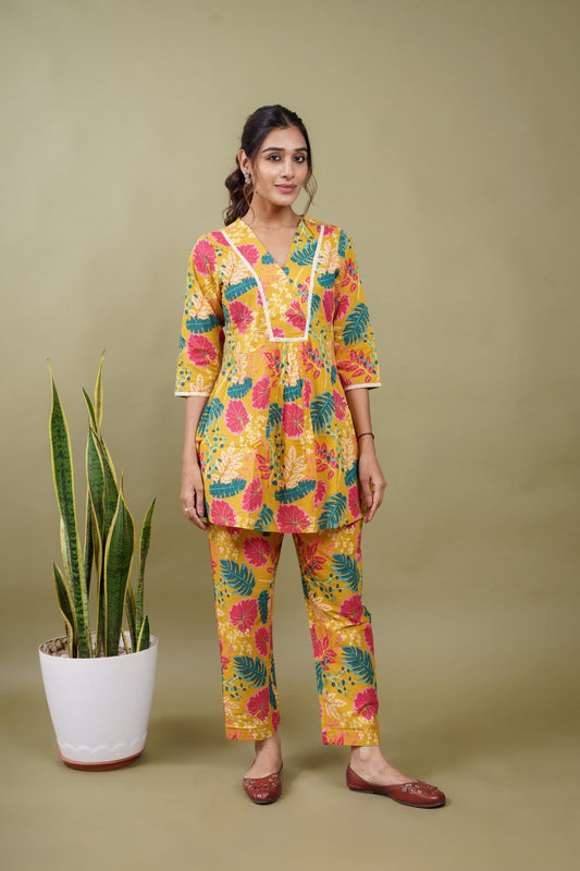 Ekisha's women yellow floral printed cotton co-ord set lounge wear, front view