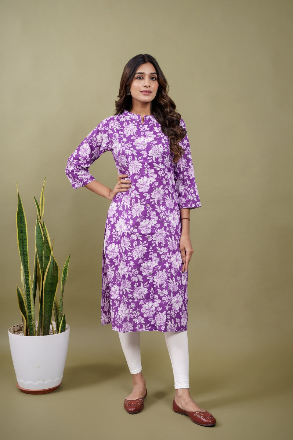 Ekisha women's cotton purple floral printed kurta kurti, front view