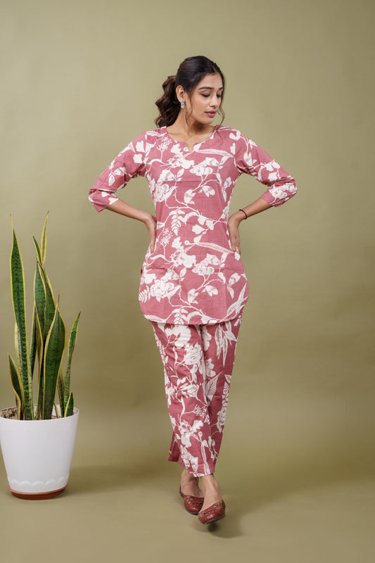 Ekisha's women gajri floral printed cotton co-ord set lounge wear, front view