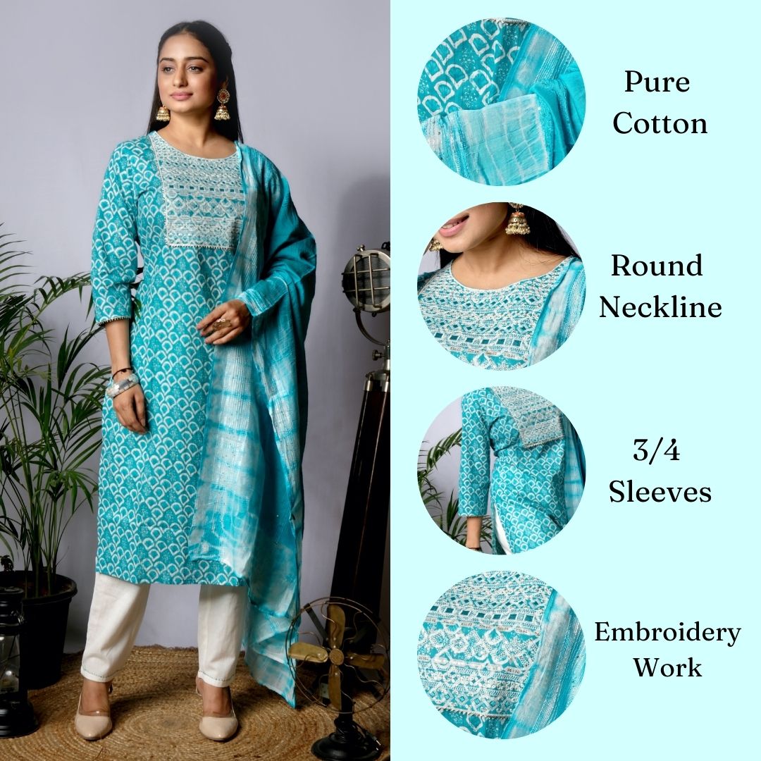 Ekisha's women printed pink embroidered cotton kurta and pant set with dupatta, infographic