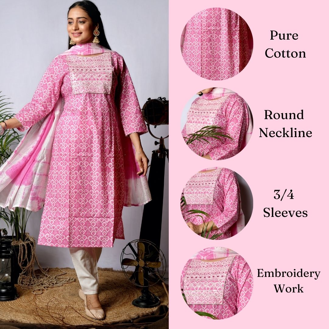 ekisha pink cotton embroidered kurta set with dupatta, infographic