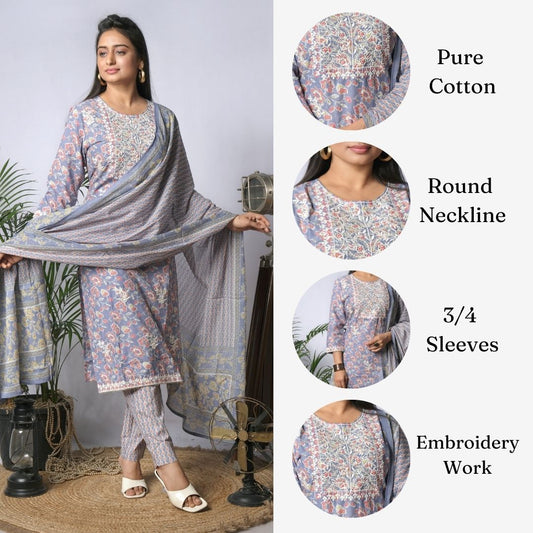 ekisha light purple cotton kurta set with dupatta, infographic