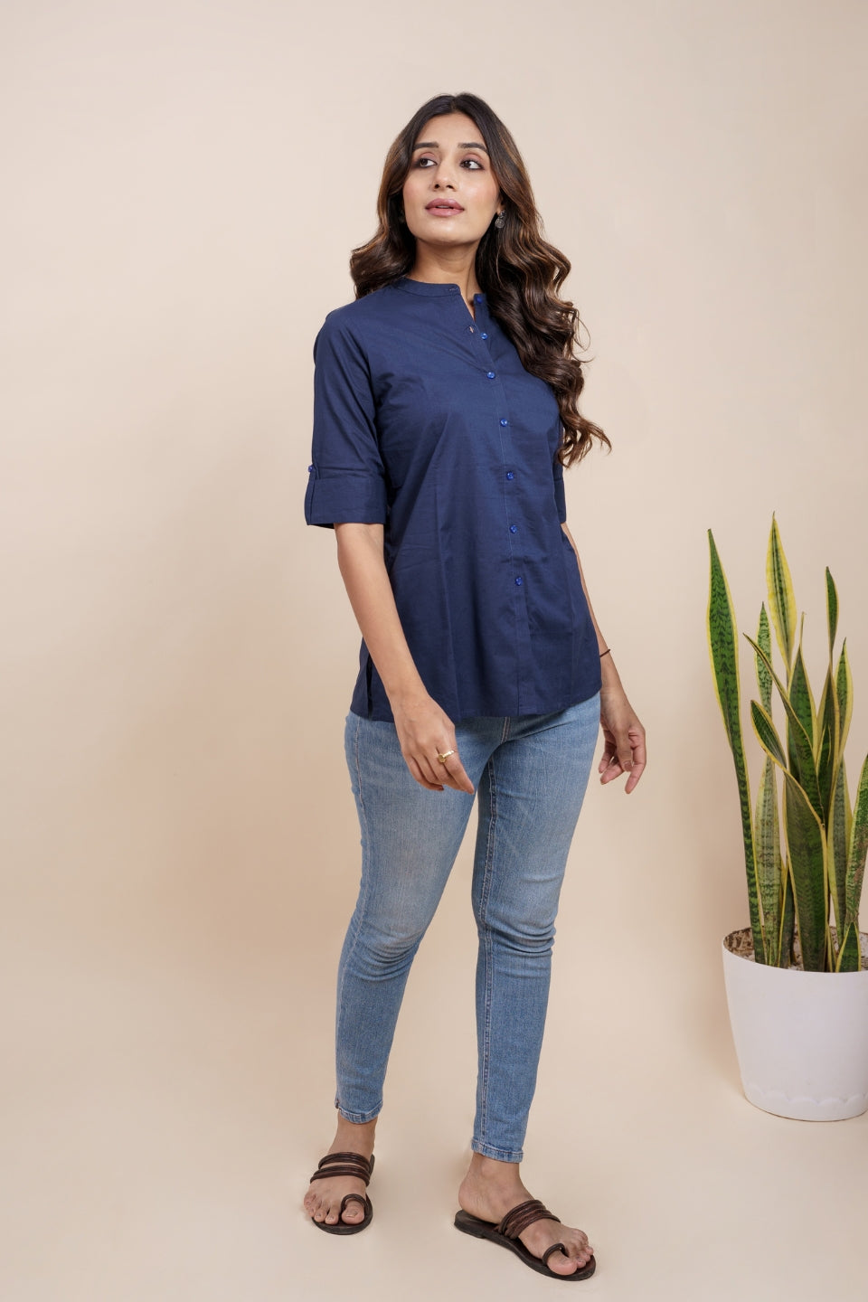 Ekisha's women navy blue designer dyed cotton tunic top short kurti, side view