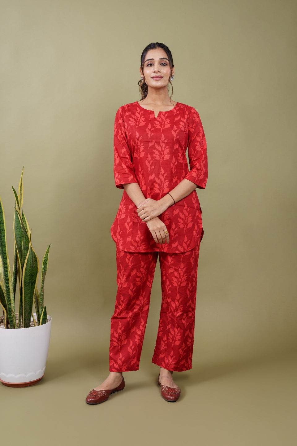 Ekisha's women red floral printed cotton co-ord set lounge wear, front view 2