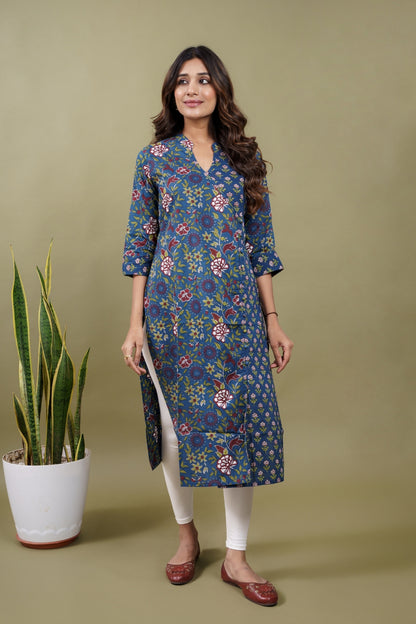 Ekisha women's cotton blue floral printed angrakha kurta kurti, front view