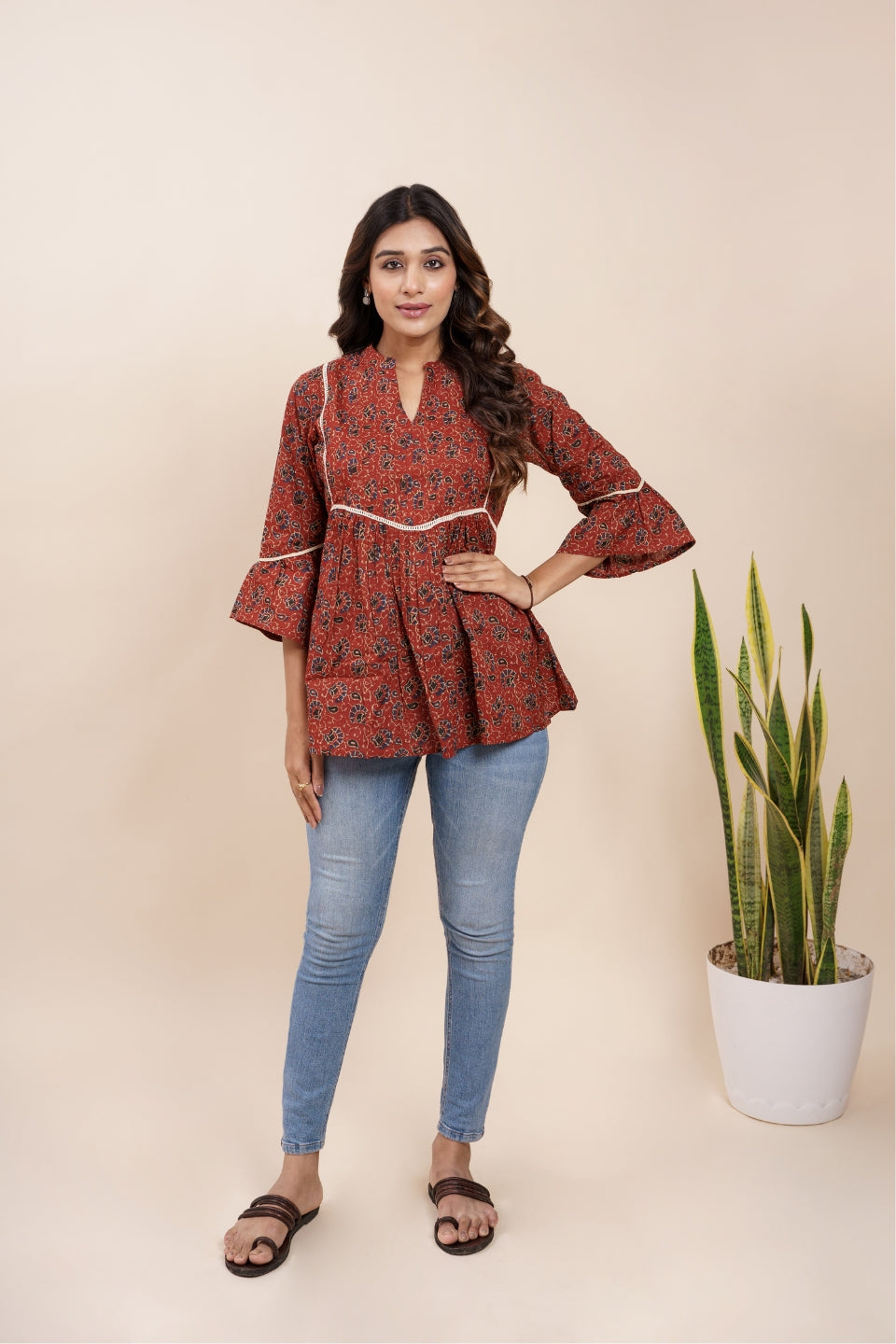 Ekisha's women maroon designer kalamkari floral printed cotton tunic top short kurti, front view 3