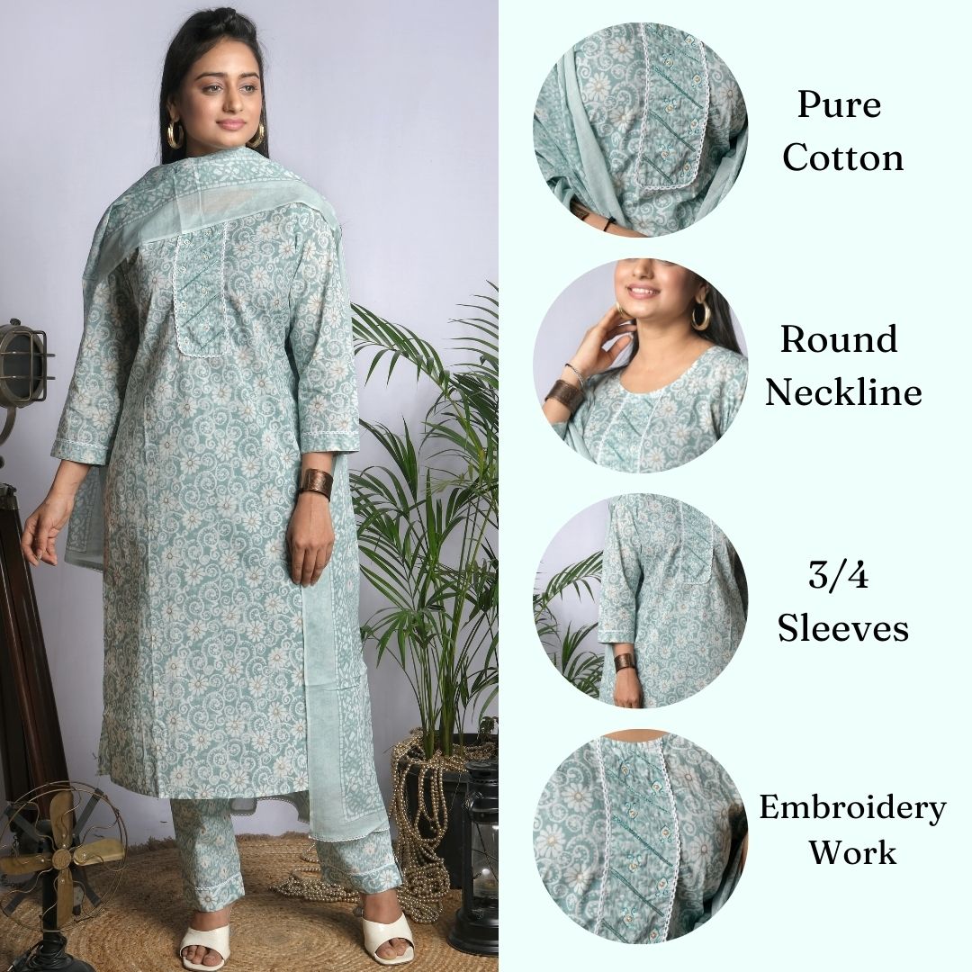 ekisha cotton cgreen cotton kurta set with dupatta, infographic