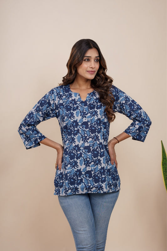 Ekisha's women blue multicolor beautiful designer floral printed cotton tunic top short kurti, detailed view