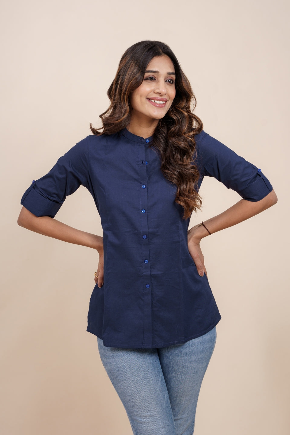 Ekisha's women navy blue designer dyed cotton tunic top short kurti, detailed view