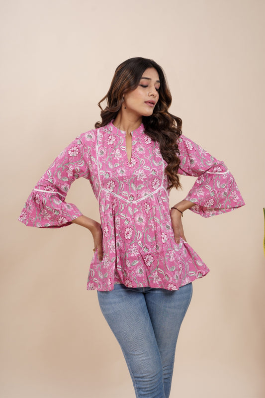 Ekisha's women pink beautiful designer floral printed cotton tunic top short kurti, detailed view