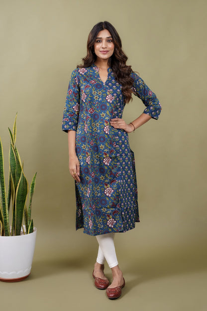 Ekisha women's cotton blue floral printed angrakha kurta kurti, front view 3