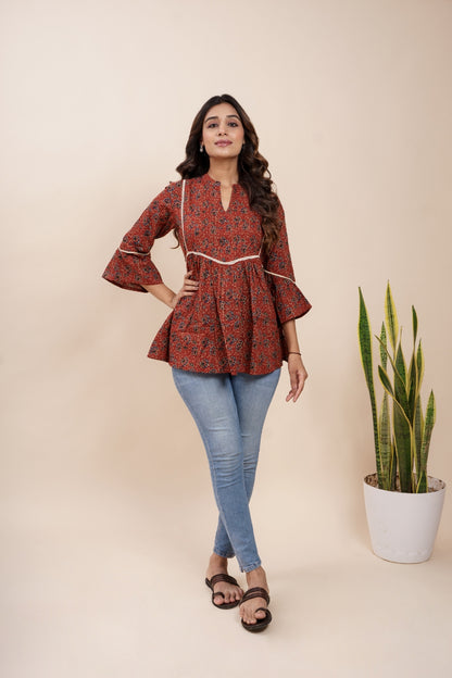 Ekisha's women maroon designer kalamkari floral printed cotton tunic top short kurti, front view