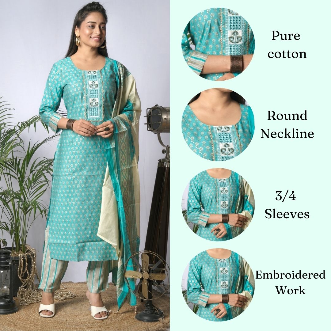 ekisha rama cotton kurta set with dupatta, infographic