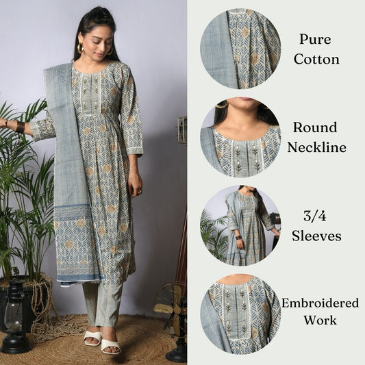 grey blue cotton kurta set with dupatta, infographic