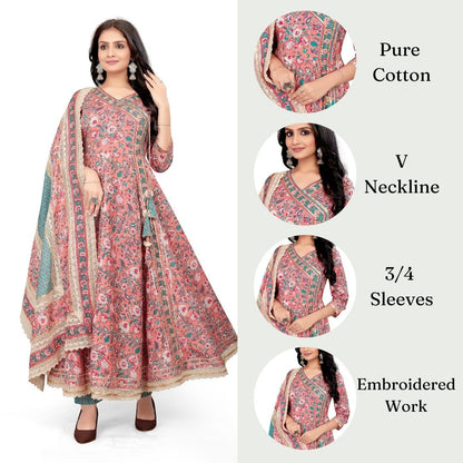 Ekisha's women printed peach angrakha cotton kurta and pant set with dupatta - Ekisha