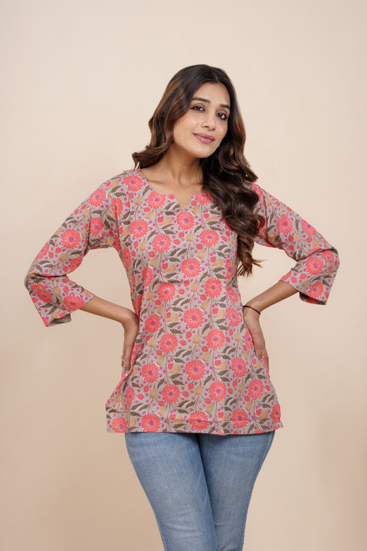 Ekisha's women multicolor beautiful designer floral printed cotton tunic top short kurti, detailed view