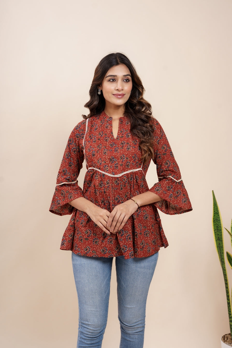 Ekisha's women maroon designer kalamkari floral printed cotton tunic top short kurti, detailed view