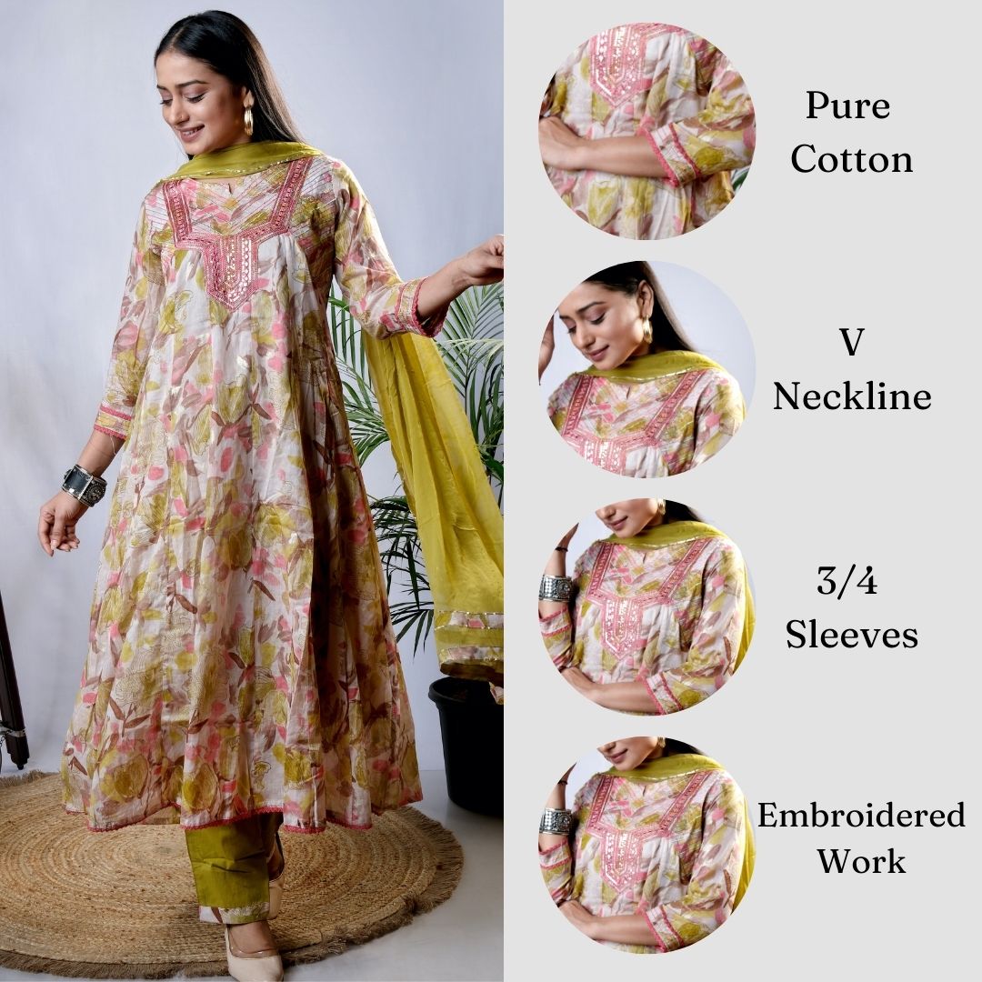 Ekisha's women printed mehandi embroidered cotton kurta and pant set with dupatta, infographic