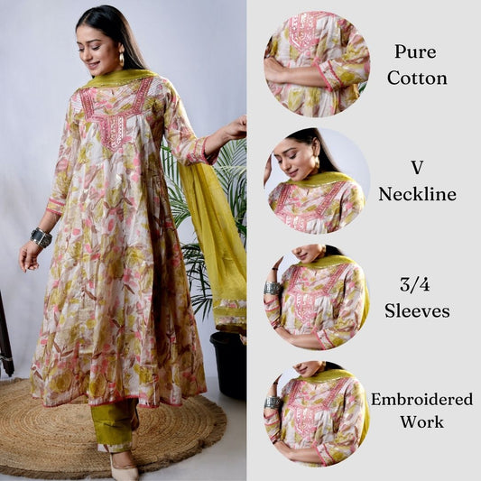 Ekisha's women printed mehandi embroidered cotton kurta and pant set with dupatta, infographic