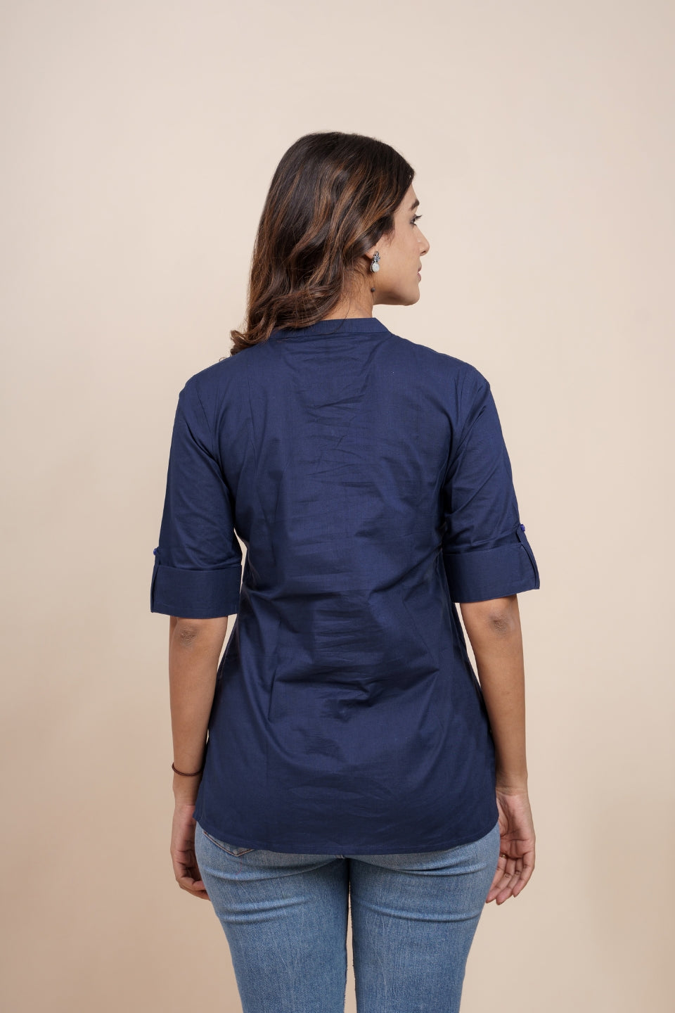 Ekisha's women navy blue designer dyed cotton tunic top short kurti, back view