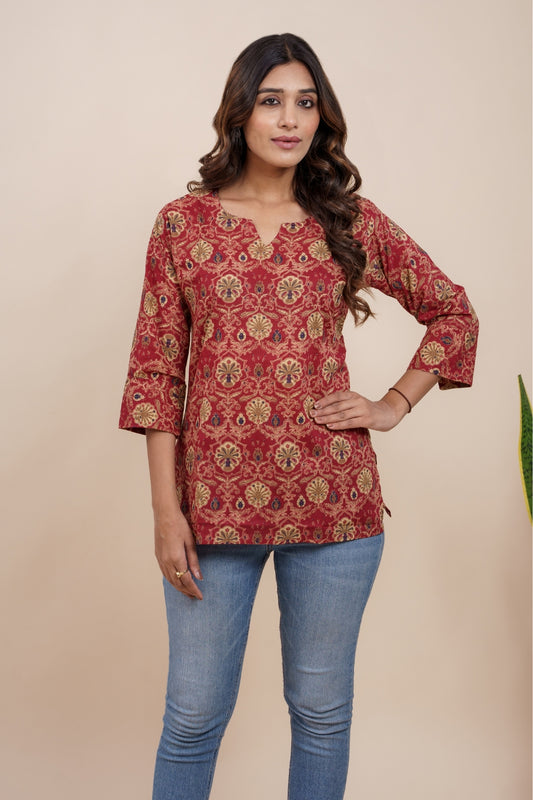 Ekisha's women maroon multicolor beautiful designer floral printed cotton tunic top short kurti, detailed view