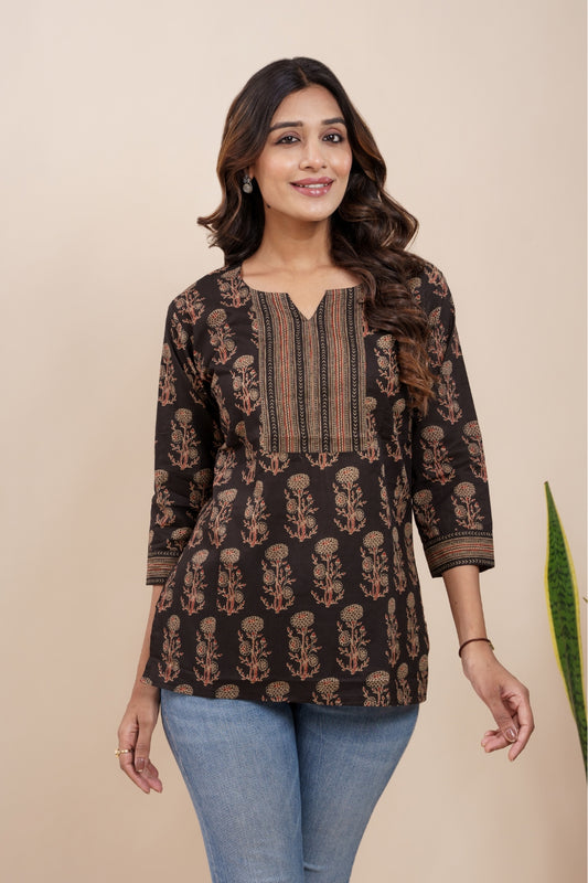 Ekisha's women black beautiful designer floral printed cotton tunic top short kurti, detailed view