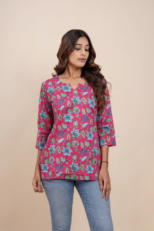 Ekisha's women dark pink beautiful designer floral printed cotton tunic top short kurti, detailed view