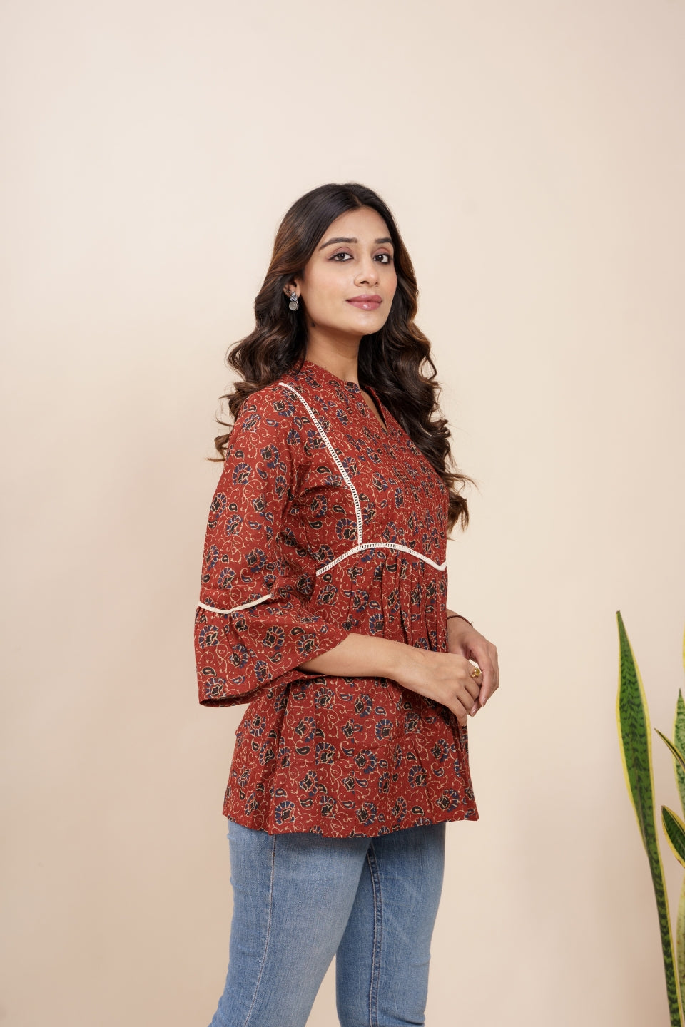 Ekisha's women maroon designer kalamkari floral printed cotton tunic top short kurti, side view