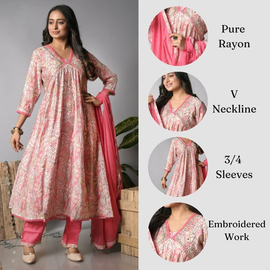 Ekisha's women printed pink rayon kurta and pant set with dupatta, infographic