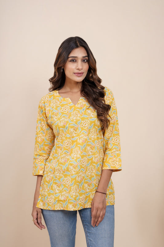 Ekisha's women yellow beautiful designer floral printed cotton tunic top short kurti, detailed view