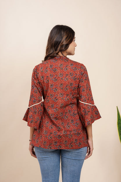 Ekisha's women maroon designer kalamkari floral printed cotton tunic top short kurti, back view