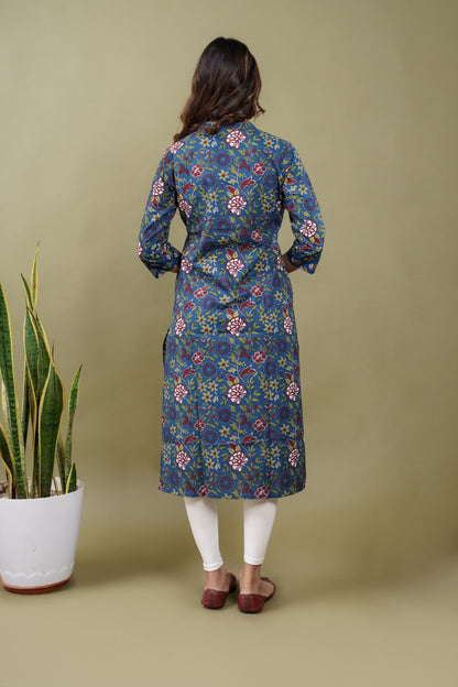 Ekisha women's cotton blue floral printed angrakha kurta kurti, back view