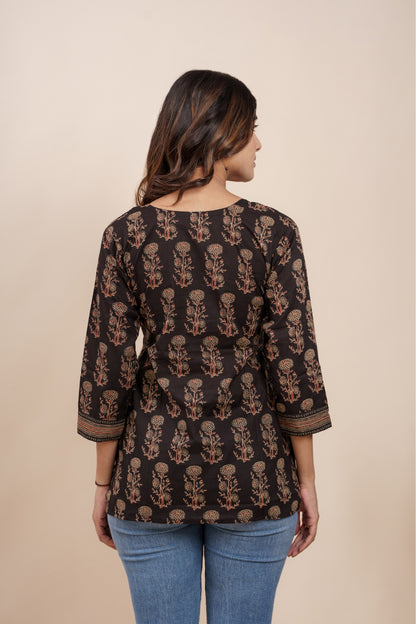 Ekisha's women black beautiful designer floral printed cotton tunic top short kurti, back view