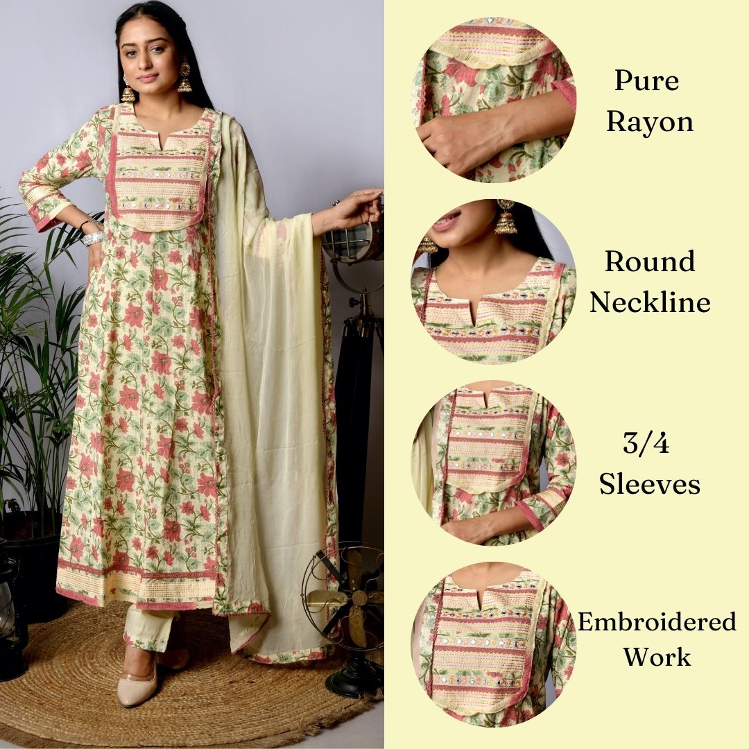 Ekisha's women printed yellow designer embroidered cotton kurta and pant set with dupatta, infographic