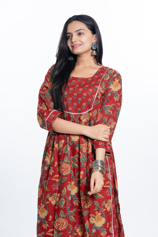 Ekisha women's Red designer printed multicolor floral printed straight kurta kurti, front view