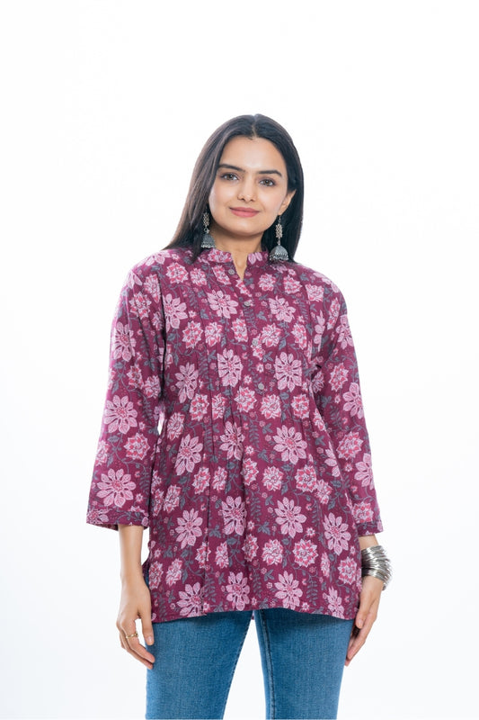 Ekisha's women pleated maroon multicolor printed cotton tunic top short kurti, front view