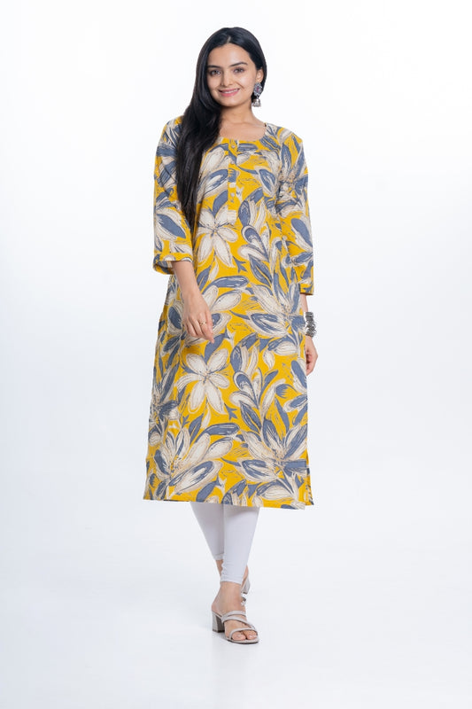 Ekisha women's cotton yellow bold printed floral printed straight kurta kurti, front view
