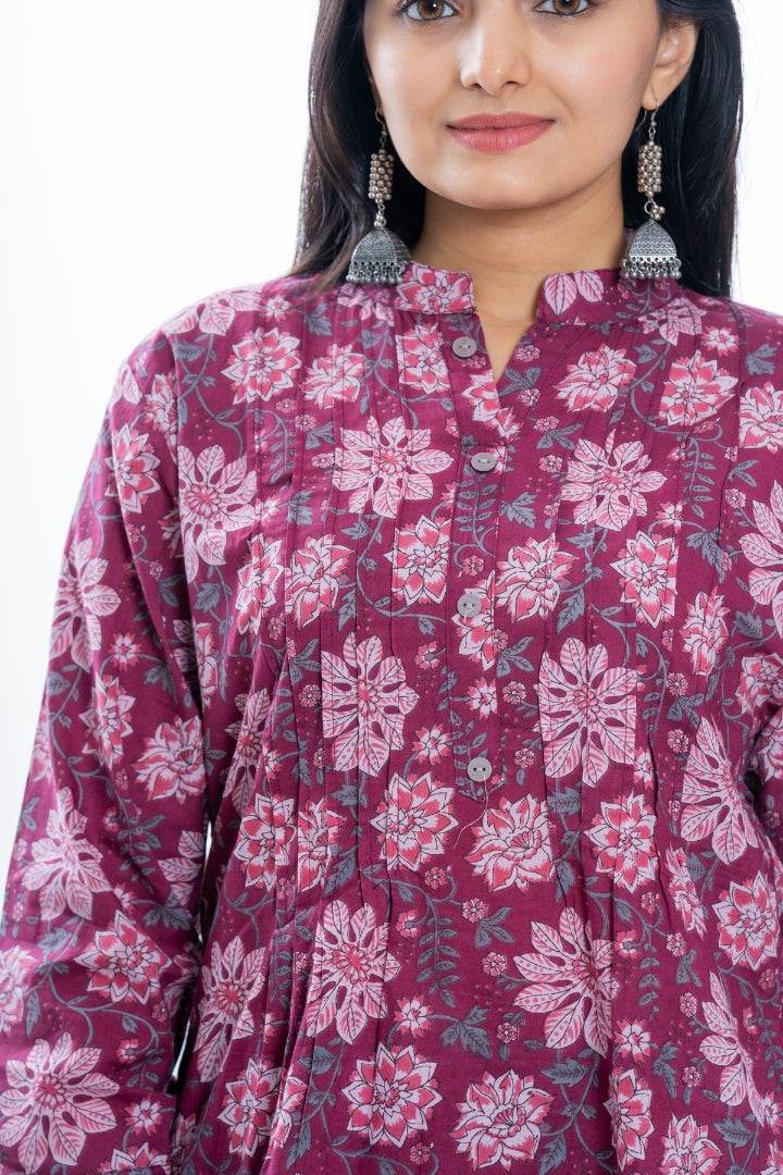 Ekisha's women pleated maroon multicolor printed cotton tunic top short kurti, detailed view