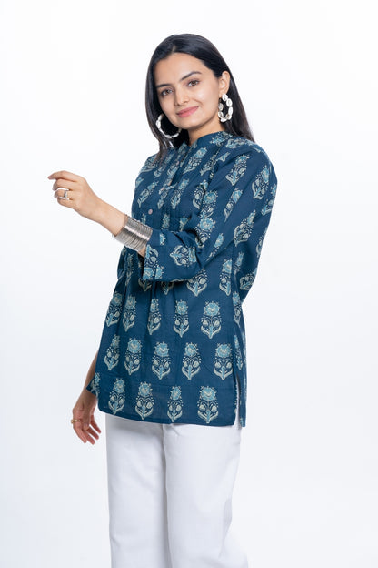 Ekisha's women pleated navy multicolor printed cotton tunic top short kurti, side view 2